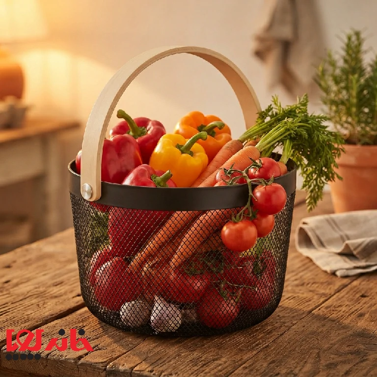 Adding_vegetables_to_mesh_basket_202608290928 سبد توری فلزی مشکی