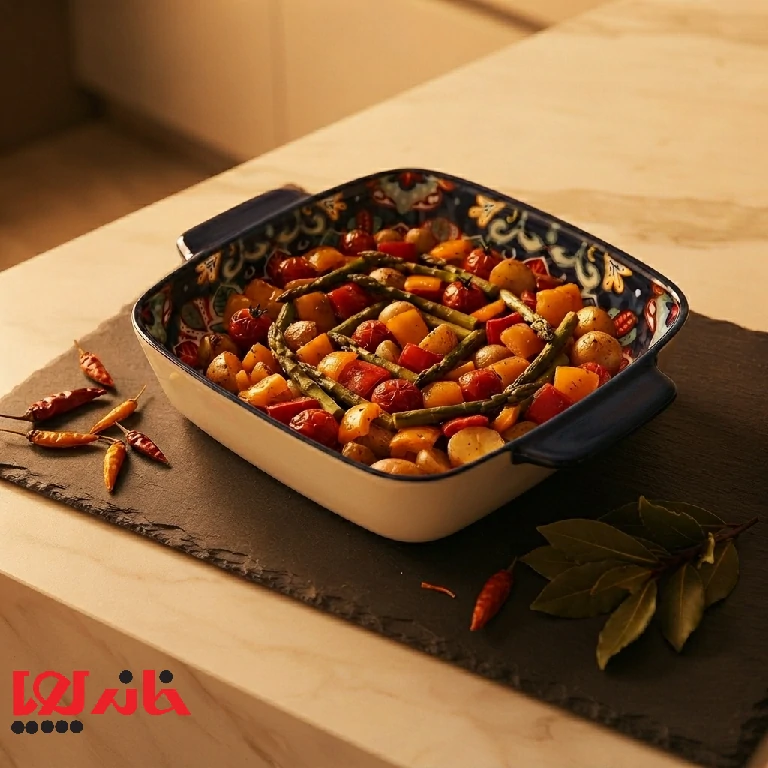 Roasted_vegetables_in_baking_dish_202608271249 کاسه مربع دسته دار مدل دنی هوم